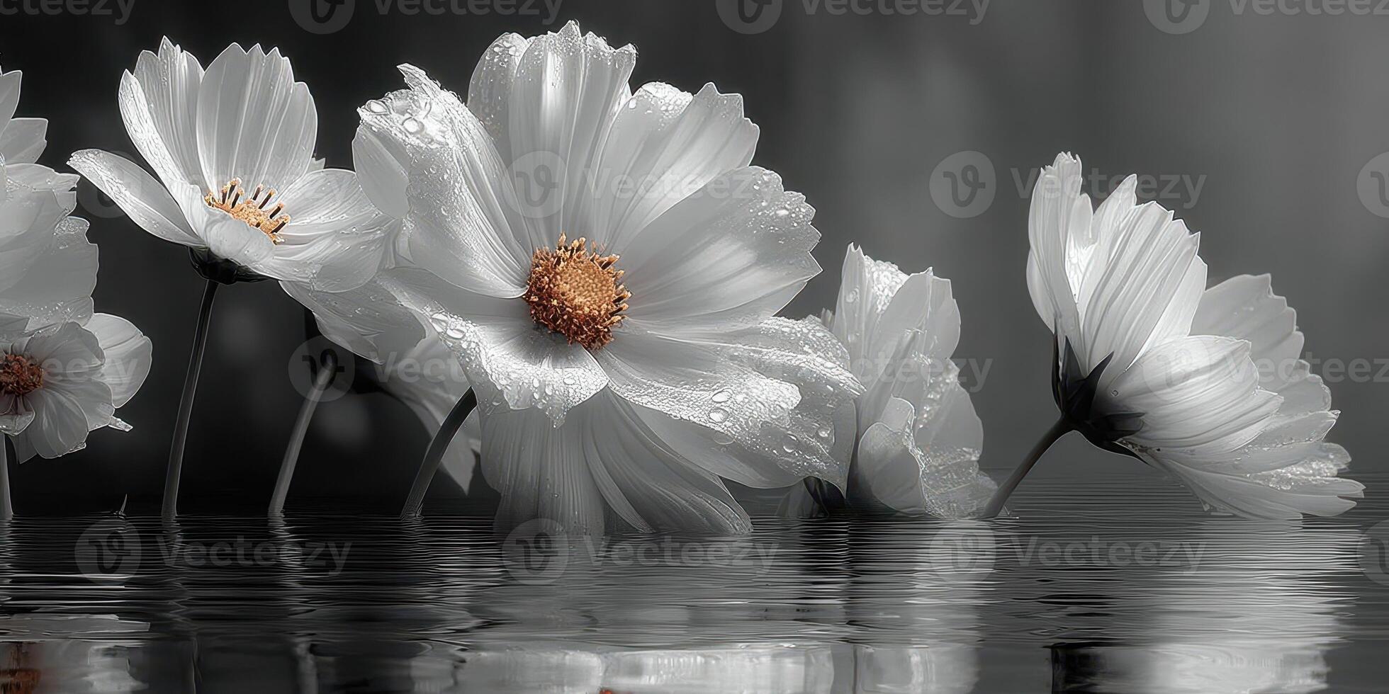 Delicate white flowers with droplets reflecting in calm water during early morning hours photo