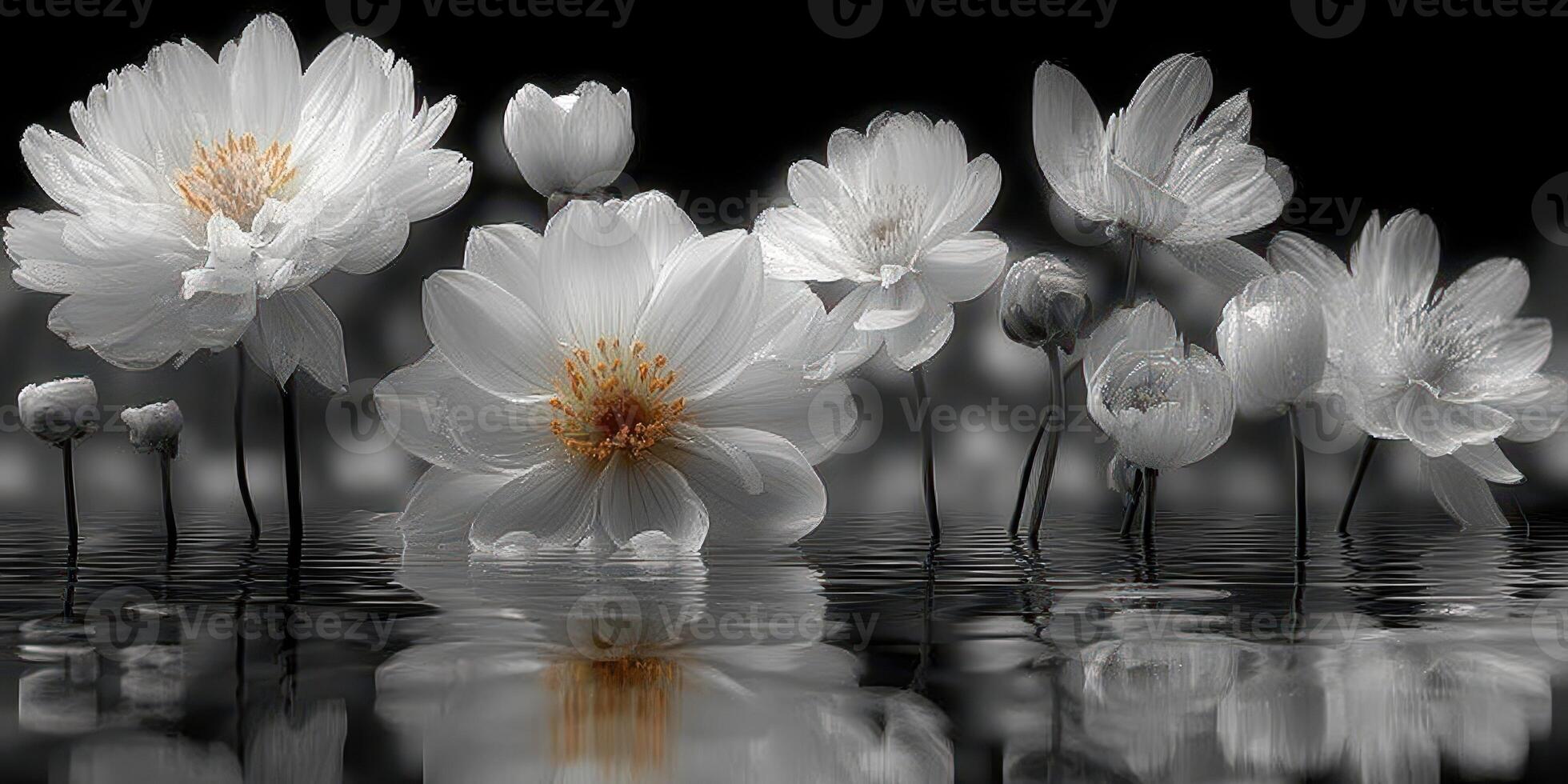 Beautiful white flowers reflecting on calm water surface during peaceful twilight hours photo
