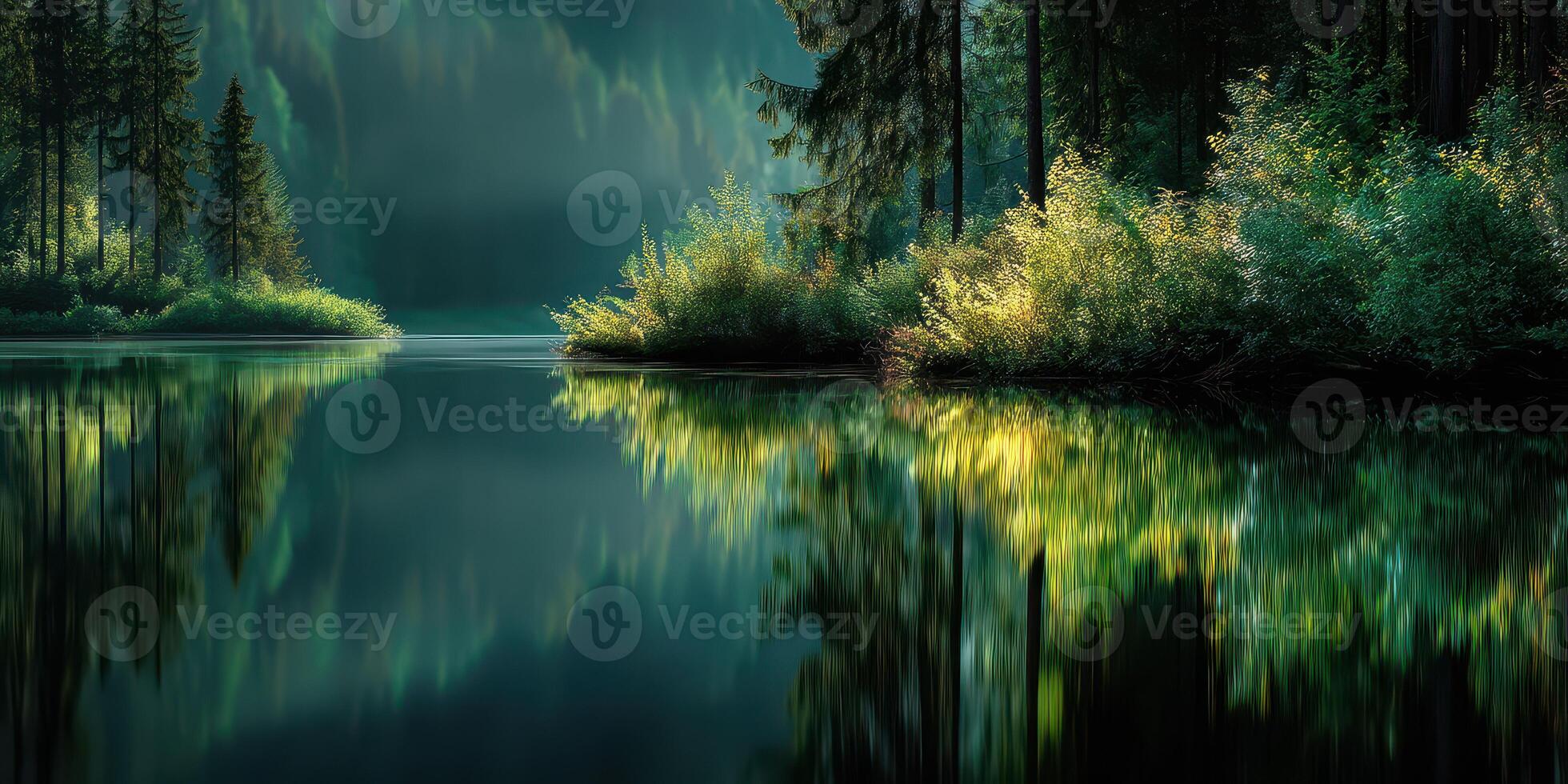 Reflections of a serene lake surrounded by lush greenery at dawn photo