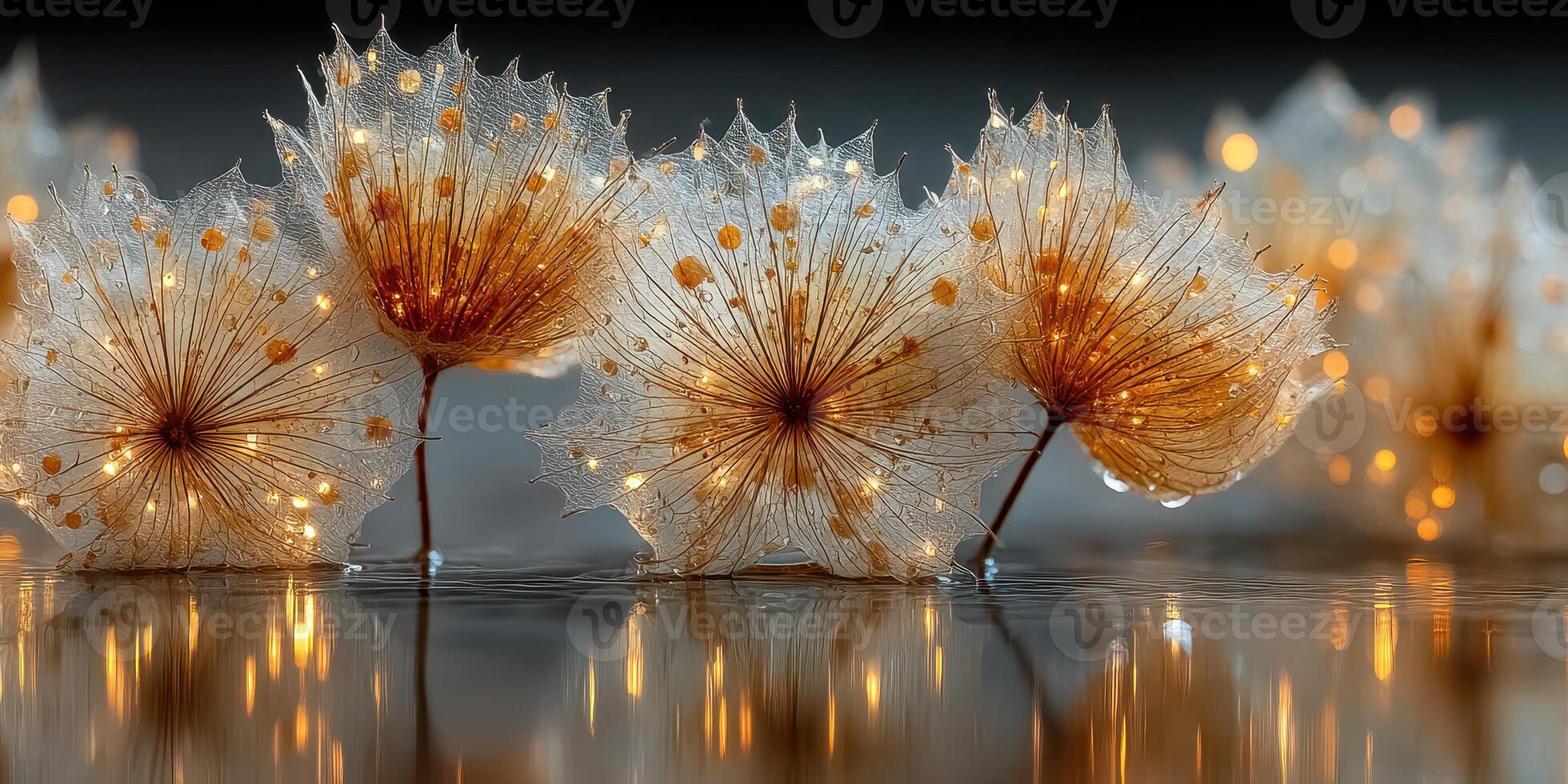 Delicate flowers with golden details illuminated by soft lights create a serene atmosphere in a tranquil setting photo