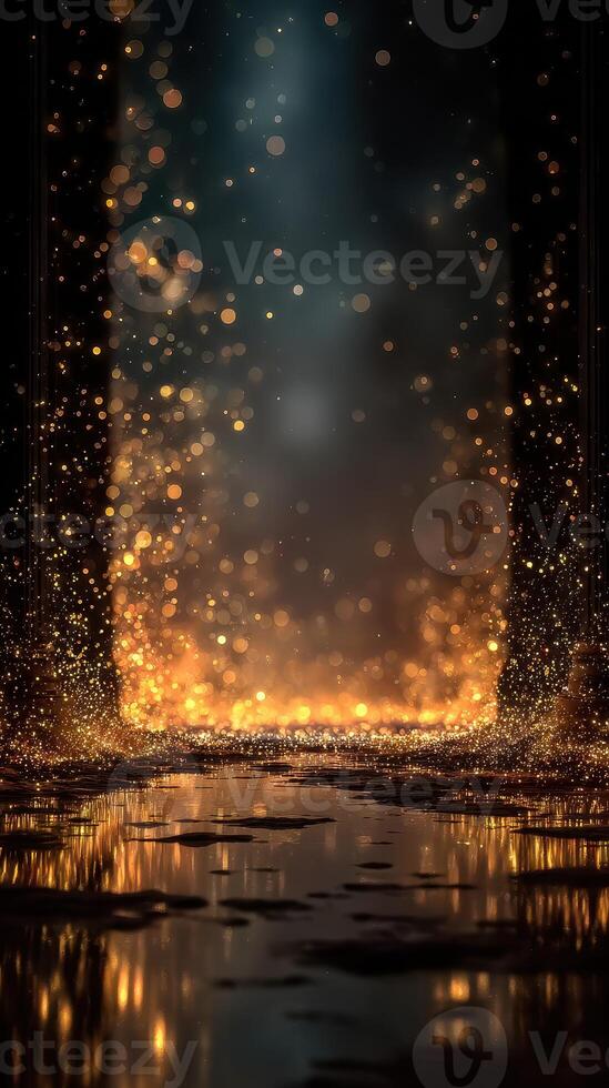 Shimmering golden lights illuminate a dark path with reflections and an ethereal ambiance photo