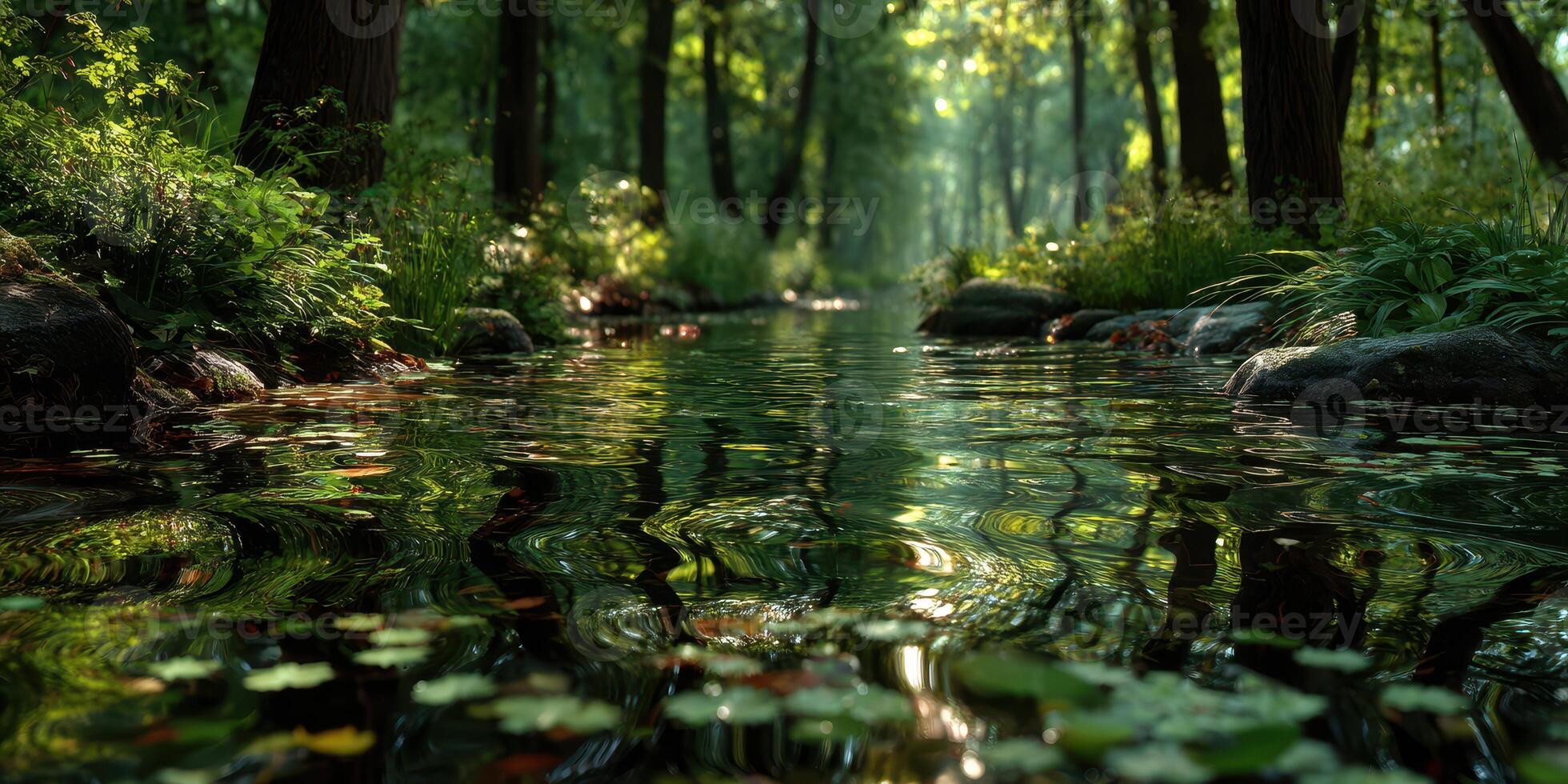 Serenity of a forest stream surrounded by lush greenery on a tranquil summer day photo