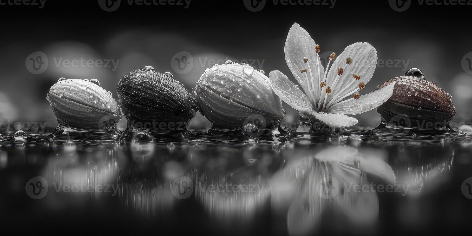 Water droplets enhance natural beauty of almonds and flower in serene black and white setting photo