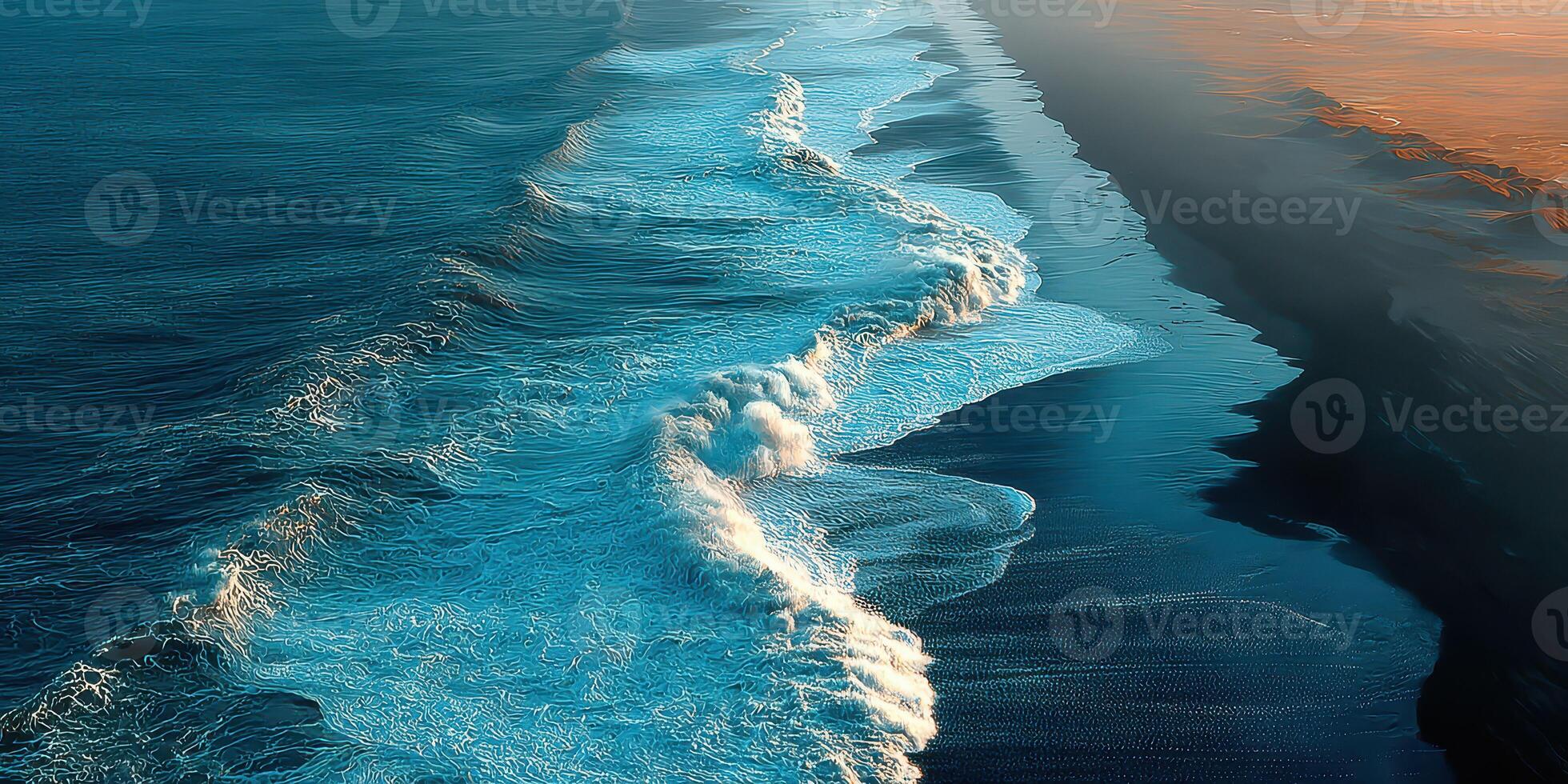 Waves crashing on sandy beach at sunset reflecting hues of blue and orange over calm ocean surface photo