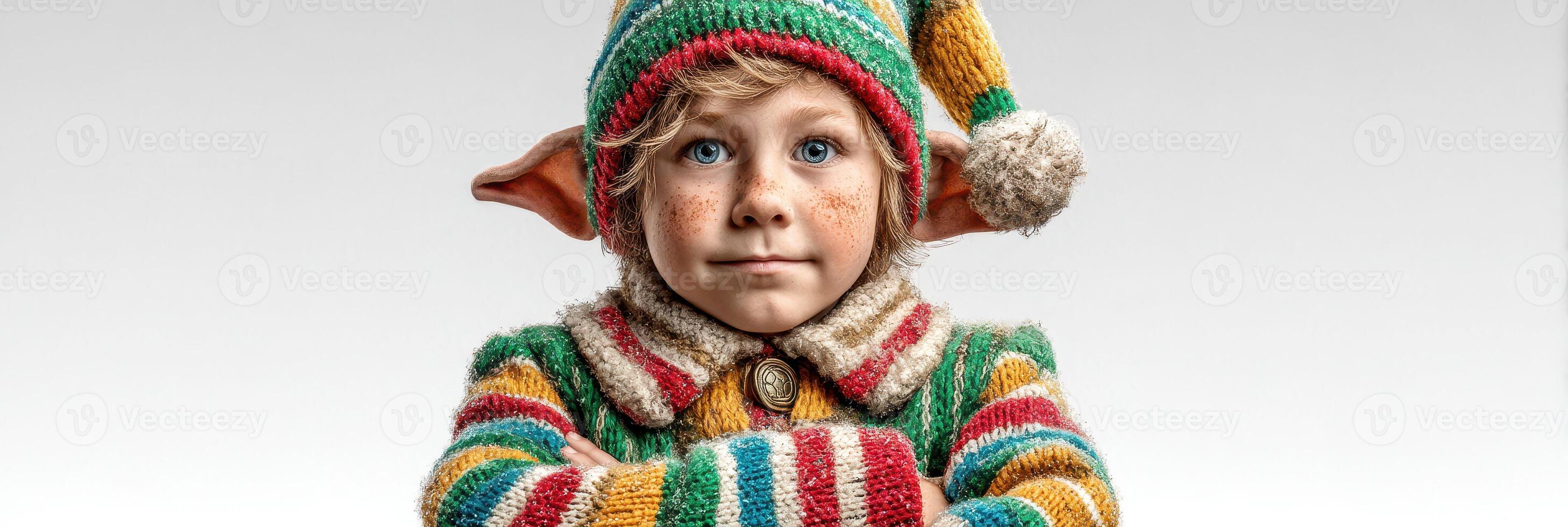 Cute child elf with colorful striped sweater and adorable hat posing for a festive portrait in a cheerful setting photo