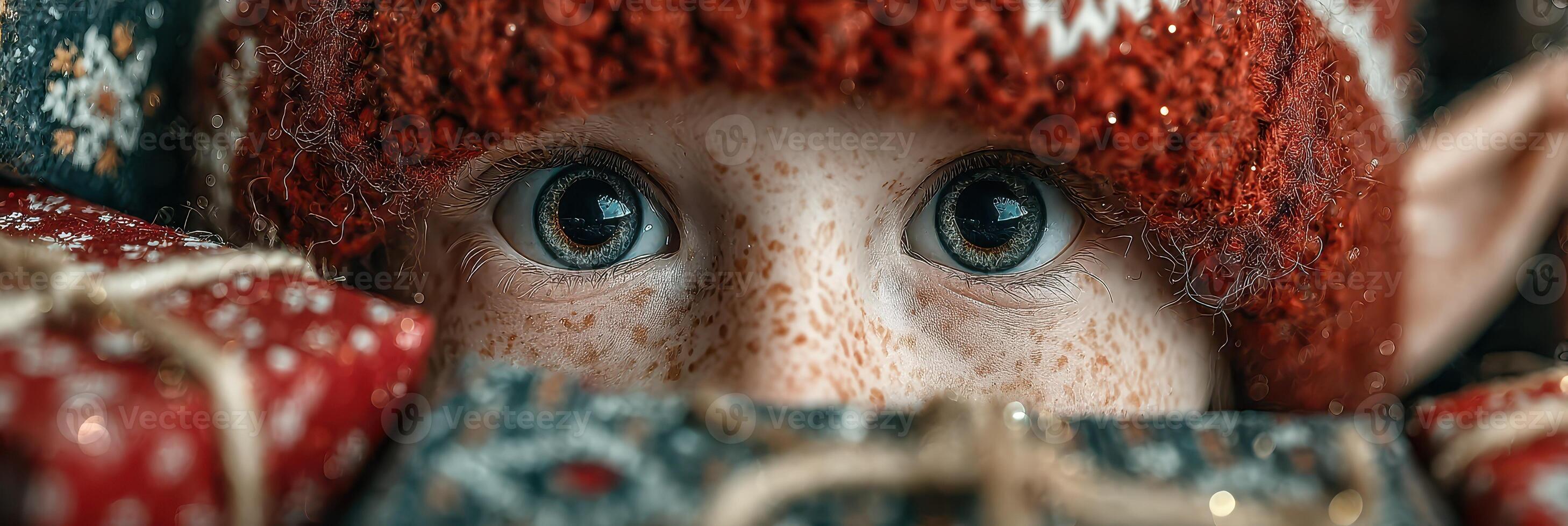 Cute child with freckles peeking over colorful holiday presents while wearing a knitted red hat during winter season photo