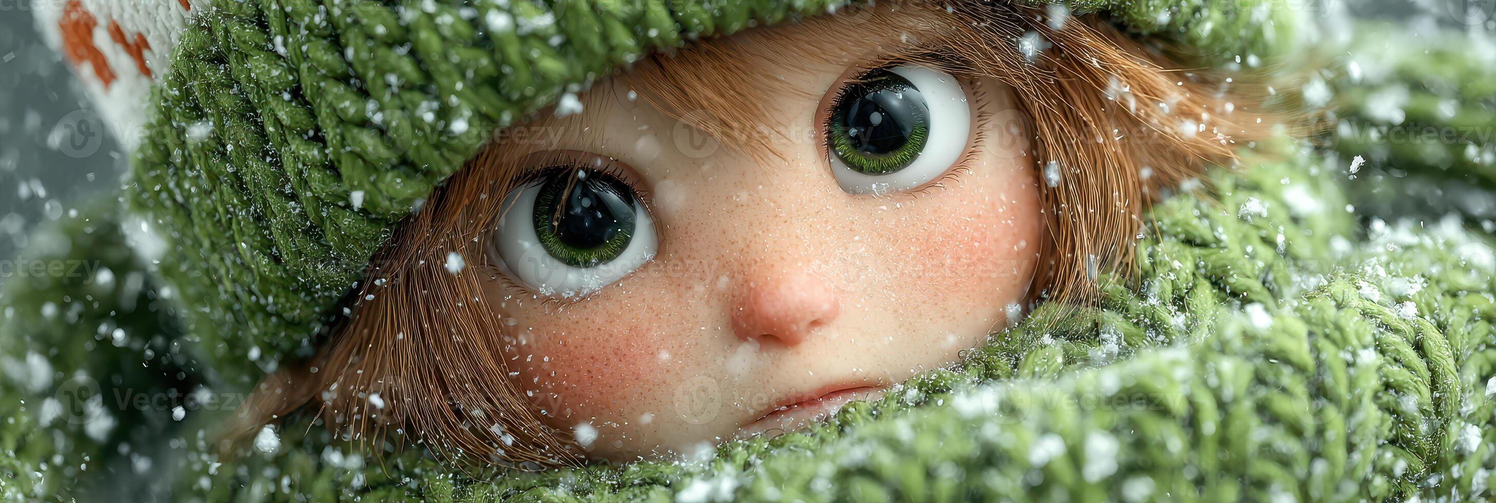 Adorable child character in winter attire with large expressive eyes and a cozy green scarf during a snowfall photo