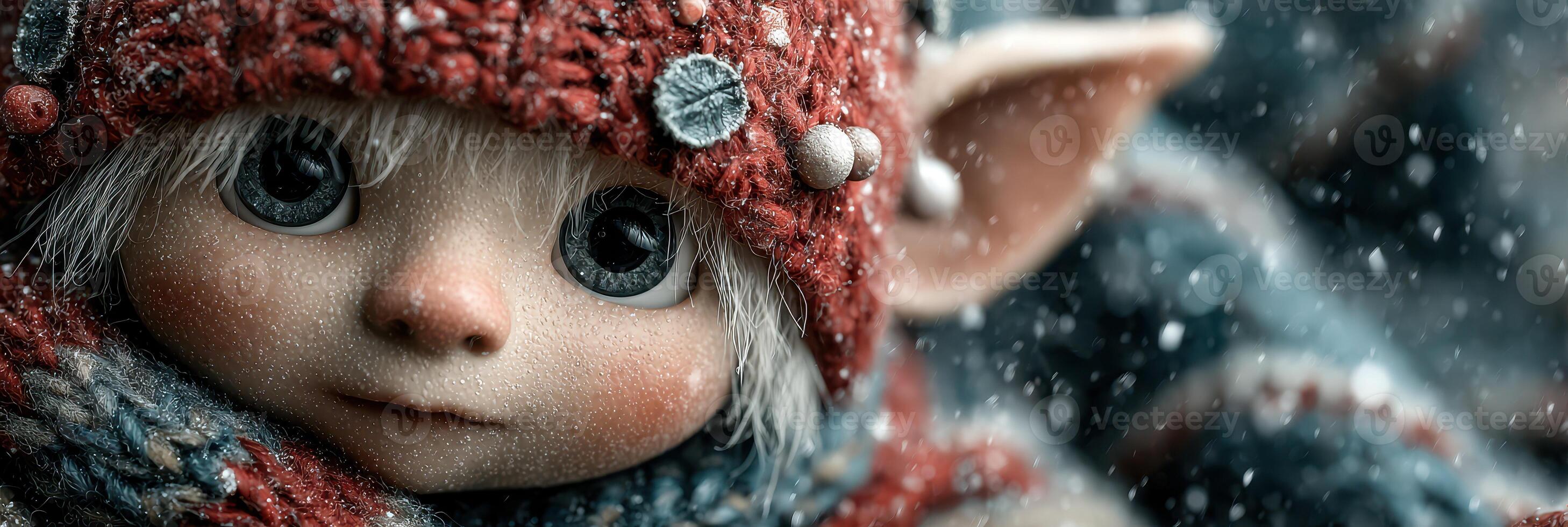 Charming fantasy creature with big eyes and winter attire in a snowy forest setting photo