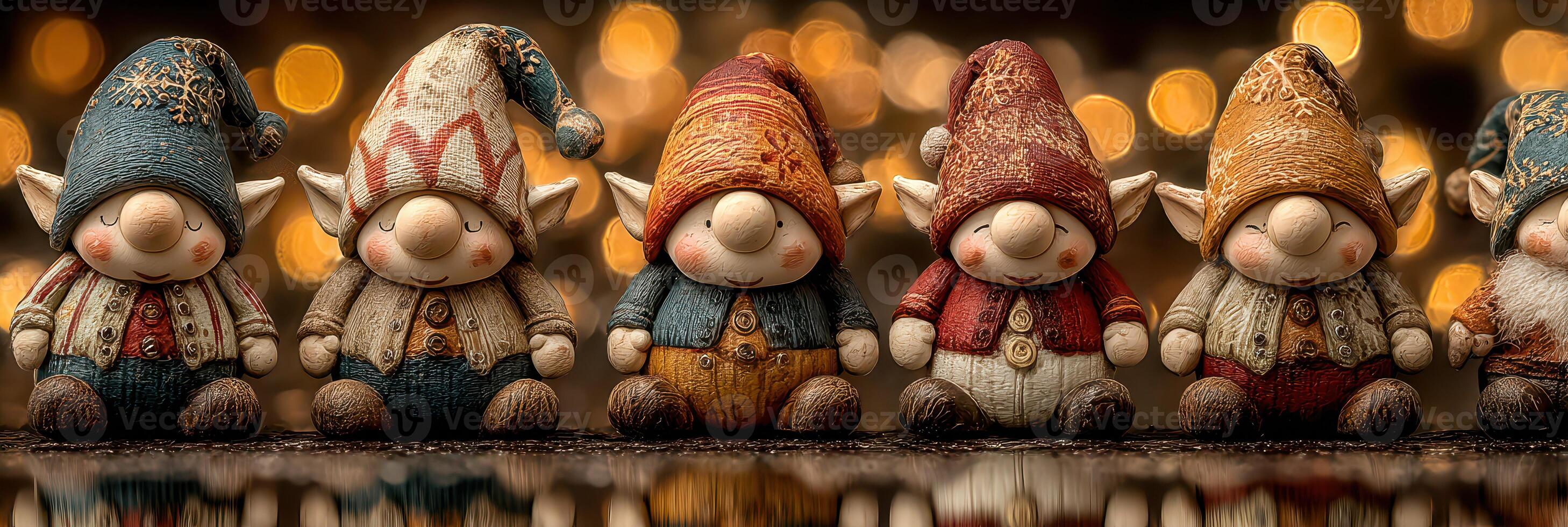 Charming holiday gnomes lined up with colorful hats and cheerful expressions glowing against a festive backdrop photo