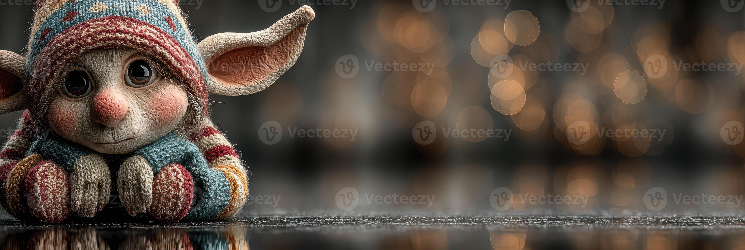 Cute character with large ears and a cozy sweater sitting quietly, surrounded by blurred lights in a cozy setting photo