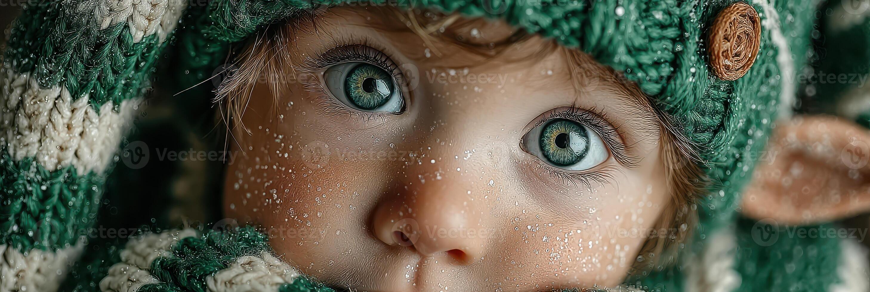 Cute child in warm green winter hat and scarf gazes curiously with bright blue eyes amid falling snowflakes photo