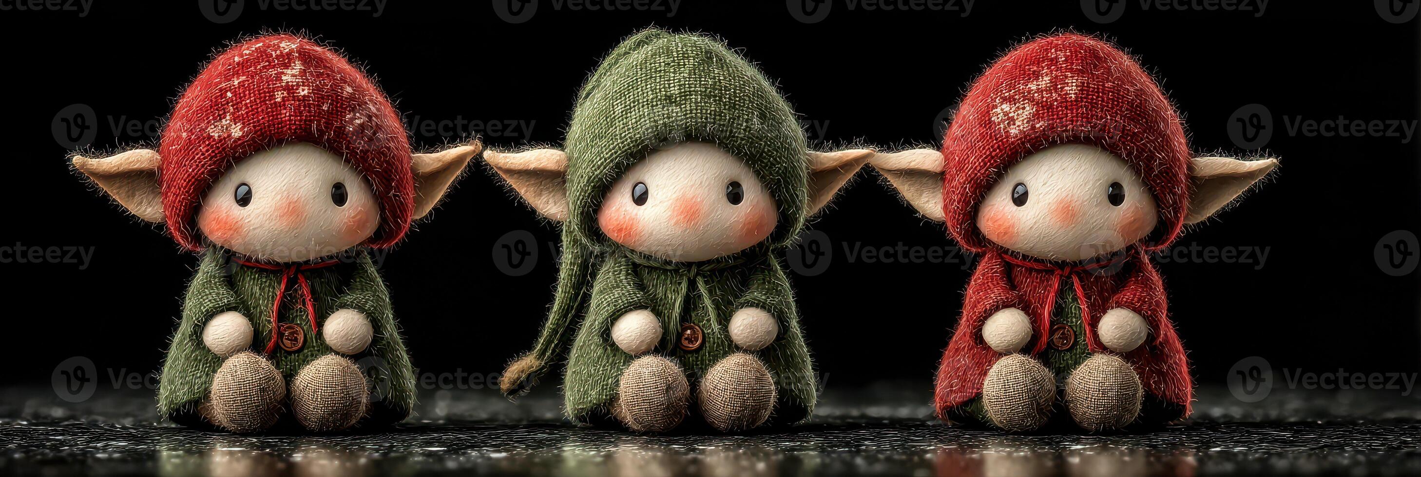 Whimsical elf figurines in colorful outfits sitting together on a dark surface photo