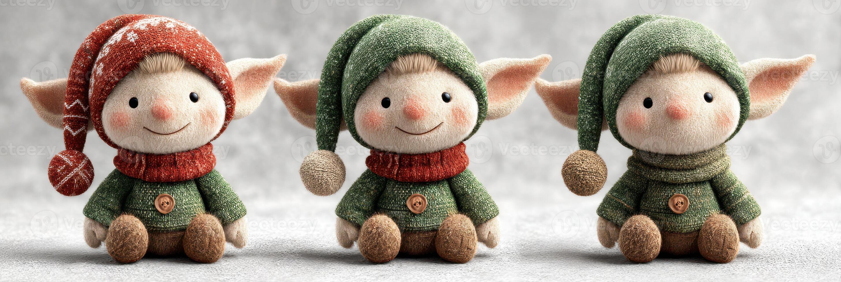 Festive elf doll collection in cozy holiday attire with cheerful expressions and unique hats photo