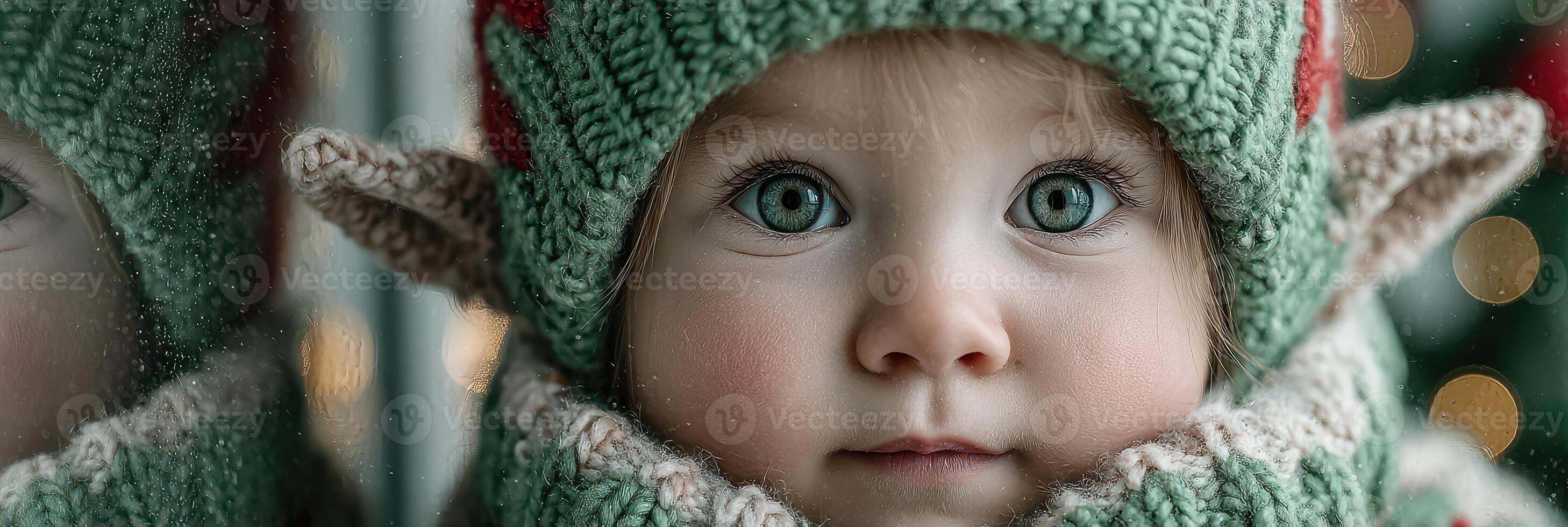 Sweet toddler with elf ears wearing winter gear and a cozy knitted hat smiles in front of a festive background photo