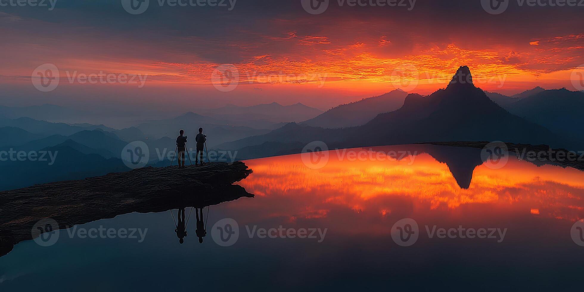 Photographers capturing vibrant sunset reflections at a mountain lake in tranquil outdoor setting photo