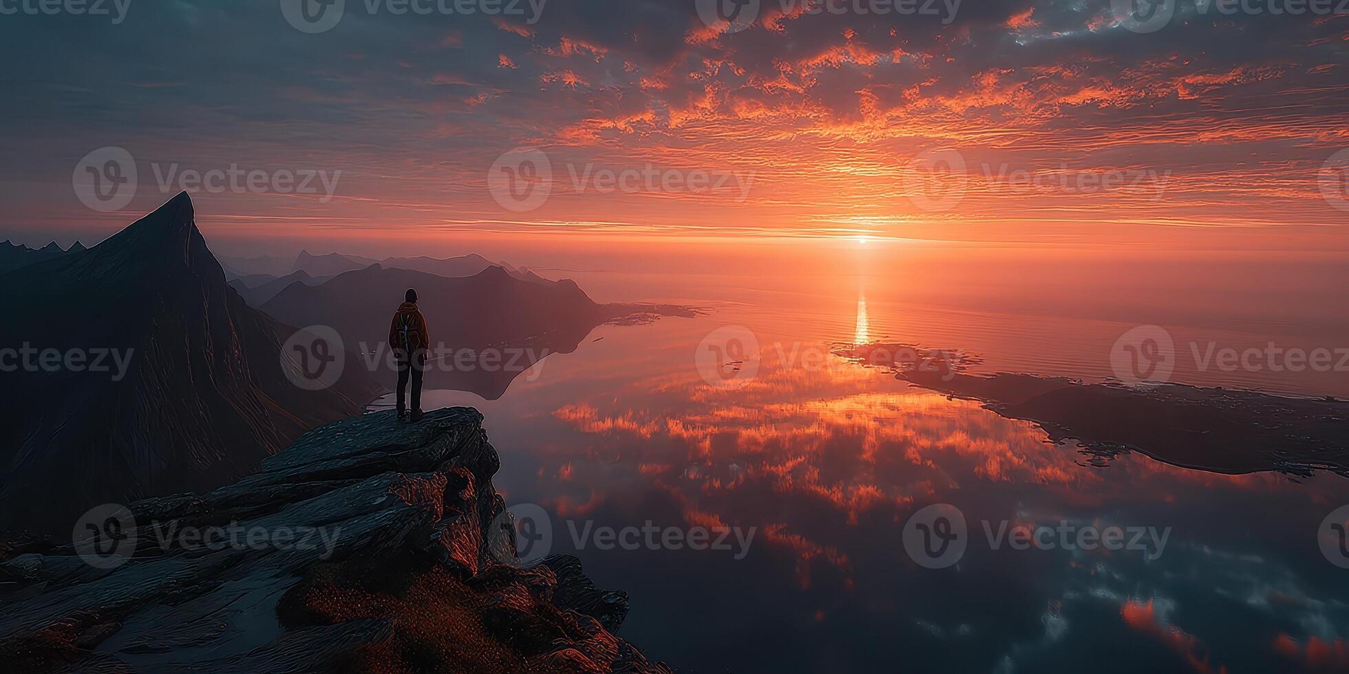 Breathtaking sunset view from a mountain peak overlooking a tranquil bay reflecting vibrant colors photo