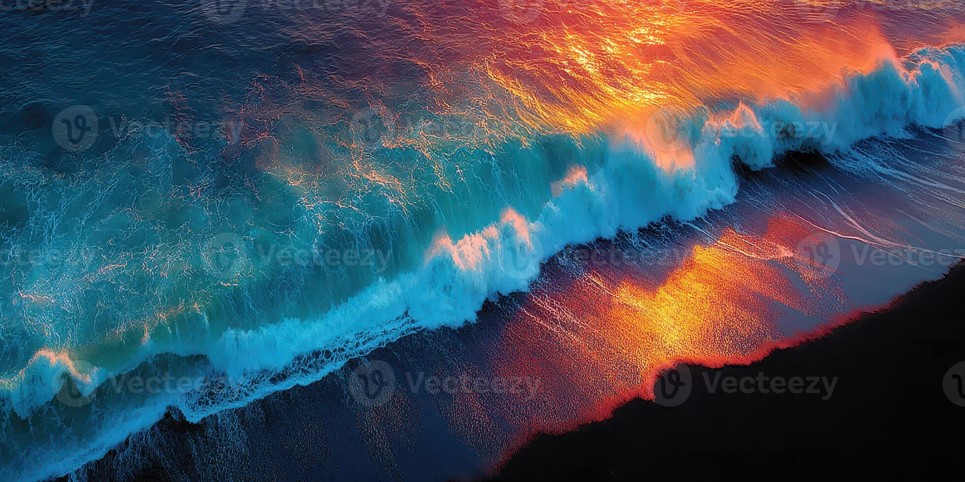 Waves crashing on a dark shoreline at sunset reflecting vibrant colors of the sky photo