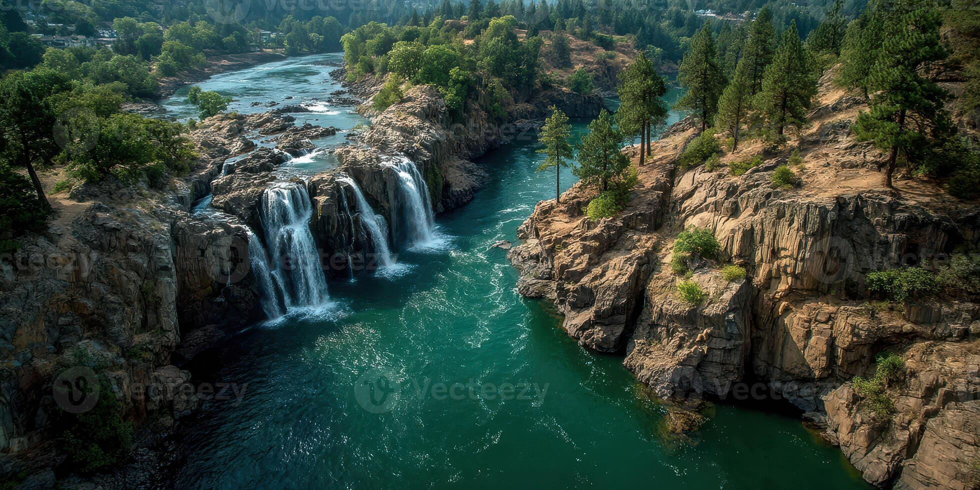 Waterfall cascades into river surrounded by lush greenery in a serene natural landscape photo