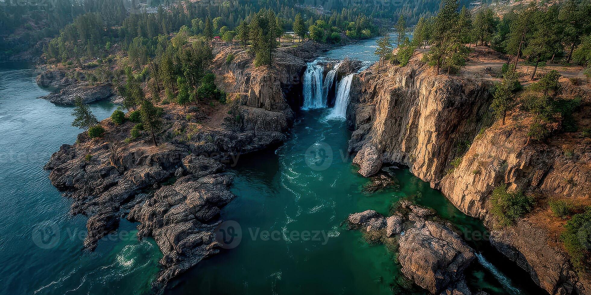 Beautiful waterfall cascades over rocky cliffs into serene river during golden hour in a lush green landscape photo