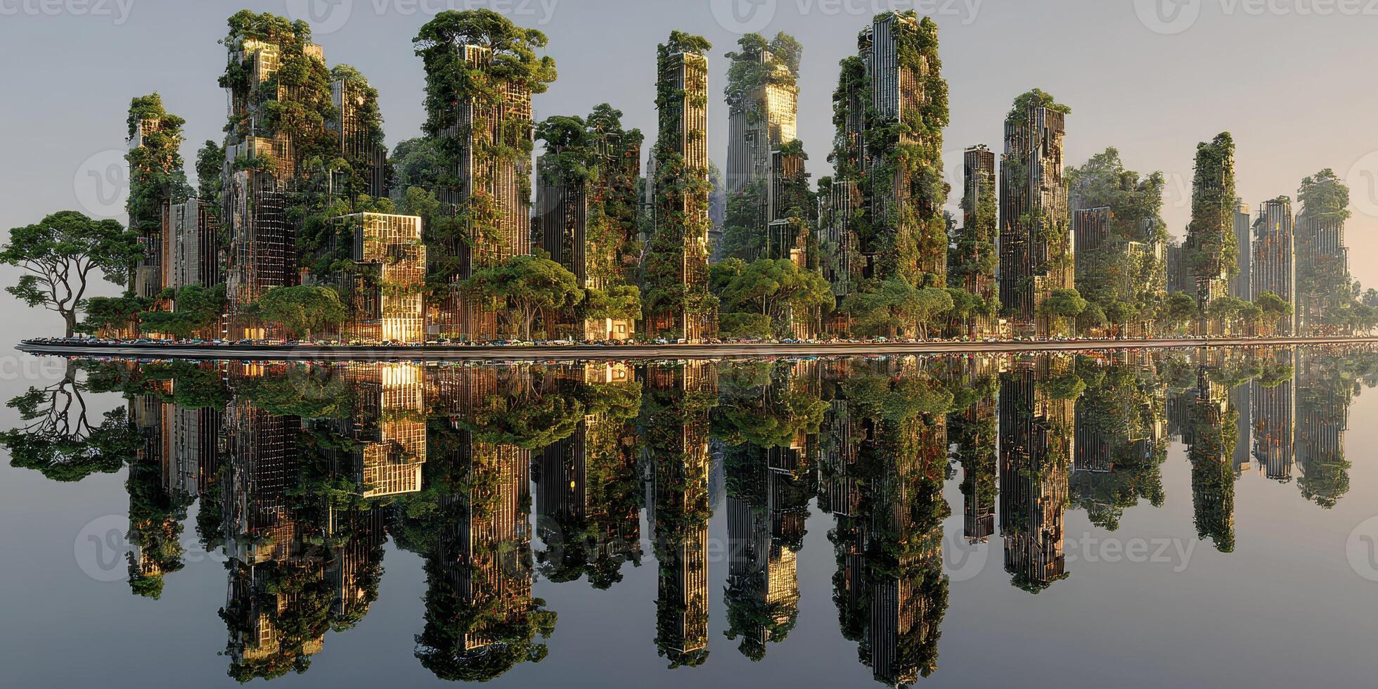 Futuristic city skyline with green architecture reflecting on tranquil water during sunrise photo