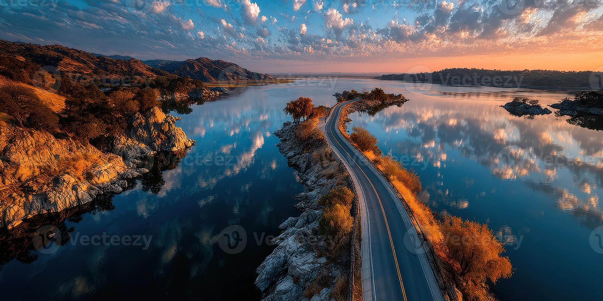 Serene lakeside road winding through rocky landscape at sunset with vibrant clouds reflected in calm water photo