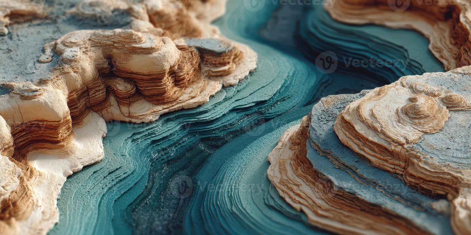 Stunning aerial view of layered rock formations and turquoise waters at sunset in a remote canyon photo