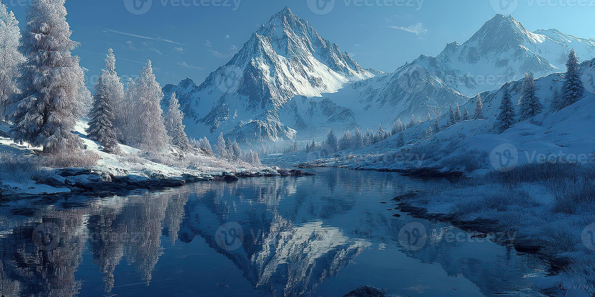 Winter landscape features snow-covered mountains and a tranquil river reflecting the scenery during the day photo