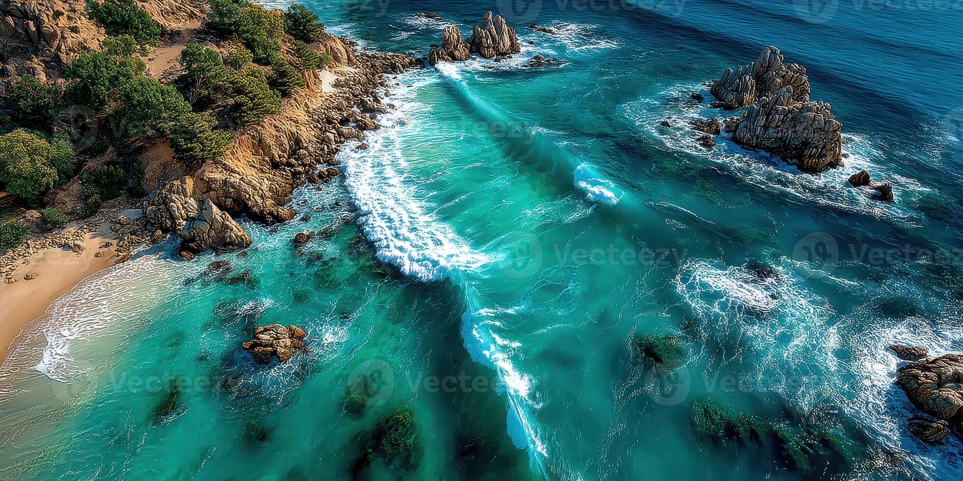 Beautiful ocean waves crashing on rocky shores along a tropical beach at midday photo