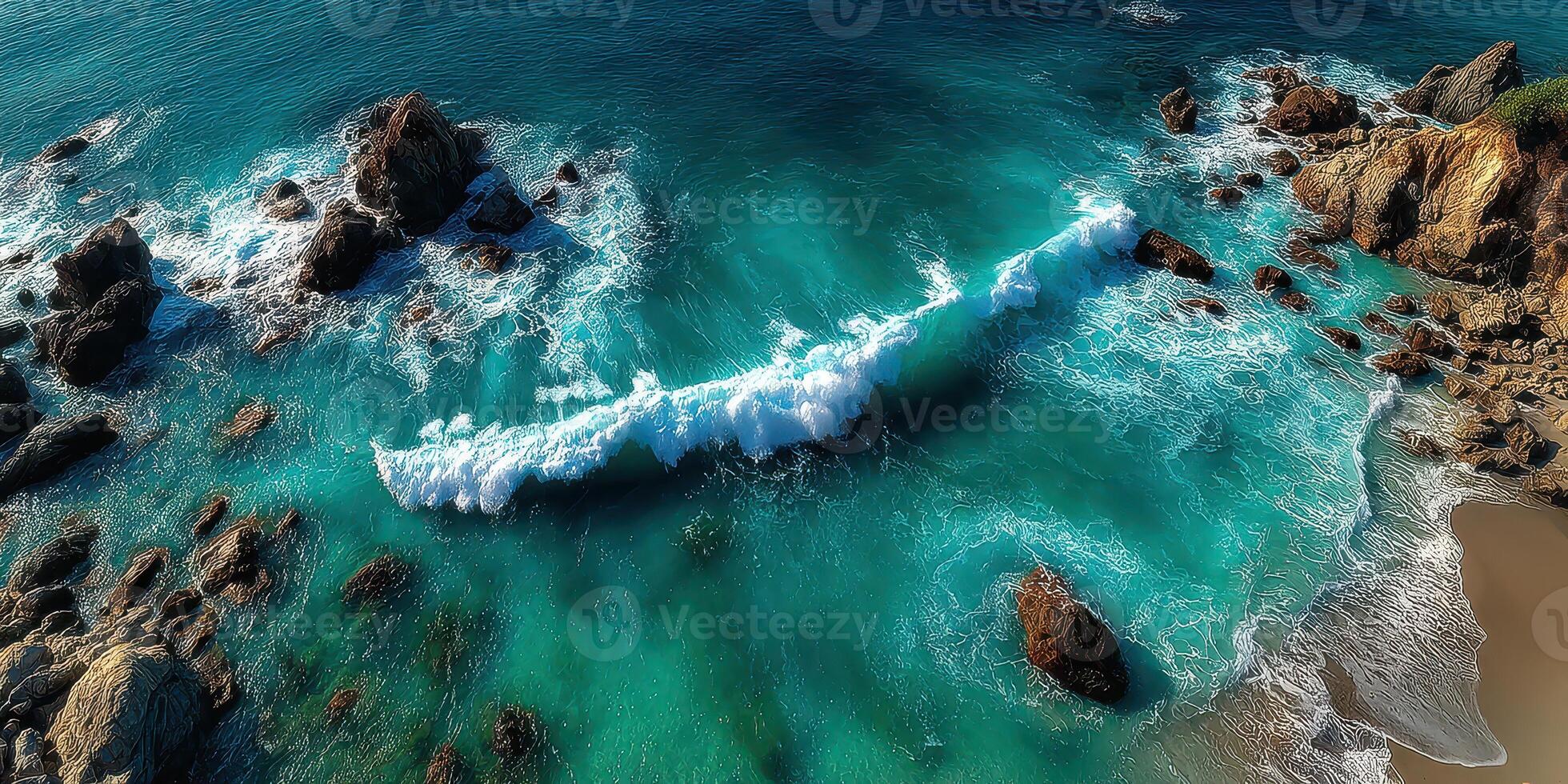 Beautiful turquoise ocean waves crashing on rocky shoreline during sunny day in coastal area photo