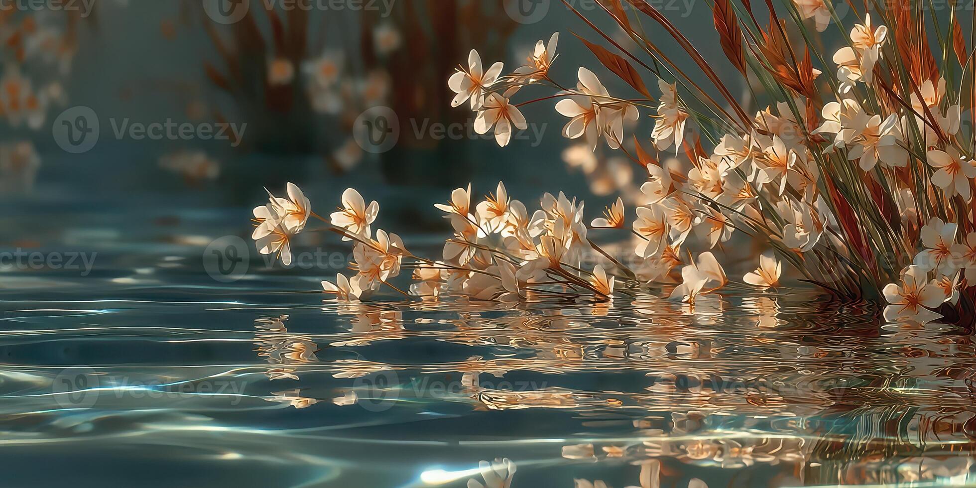 Gentle ripples reflect delicate white flowers in a tranquil water setting at sunset photo