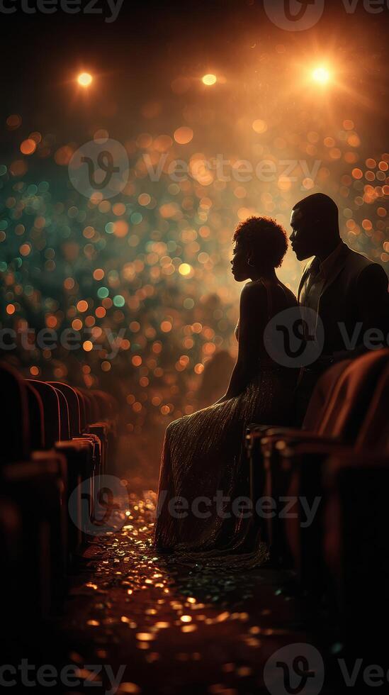 Couple enjoying a romantic moment in a dimly lit theater filled with warm lights during a performance evening photo