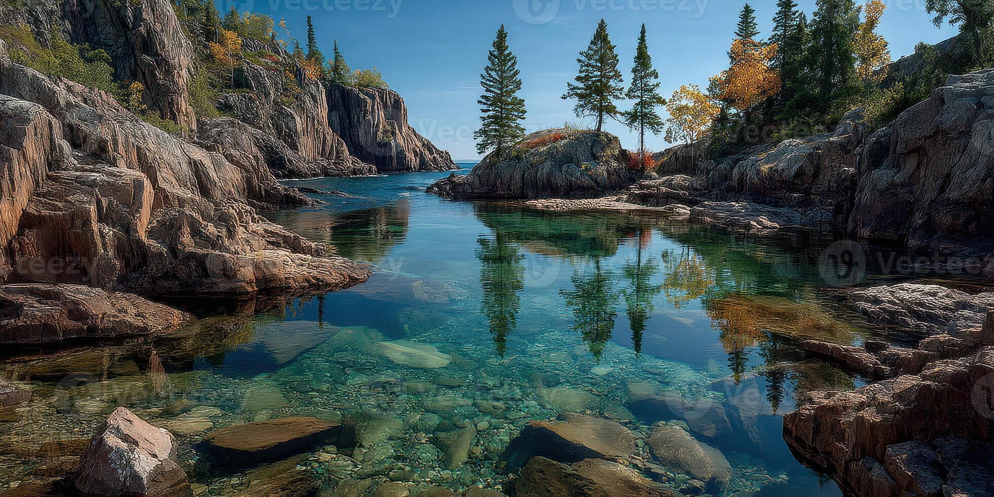 Tranquil autumn landscape reflecting trees and rocks in clear waters of a serene coastal bay photo