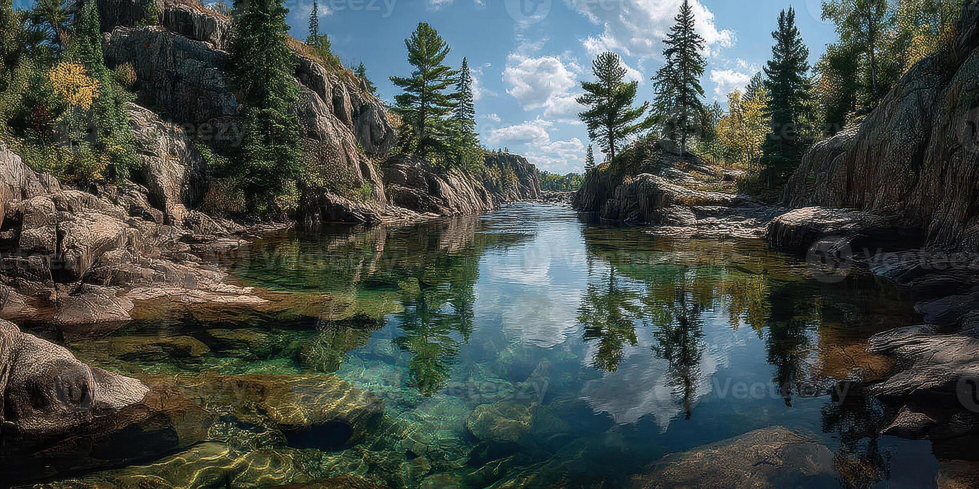 Serene landscape with clear water reflecting trees in a tranquil river setting during late afternoon photo