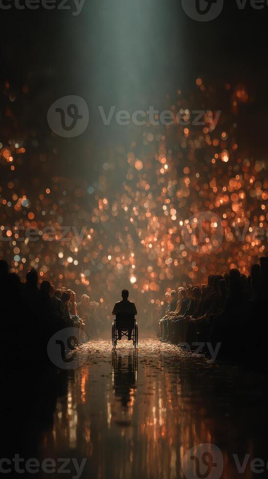 Person in wheelchair illuminated by light amidst audience in a dark setting during an event photo