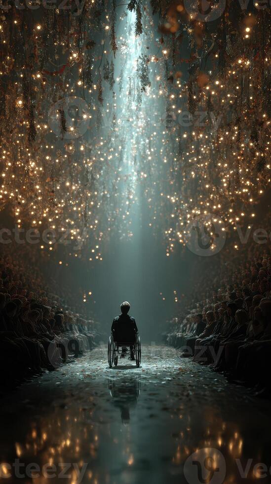 Wheelchair user in spotlight surrounded by illuminated audience in a creative performance setting photo