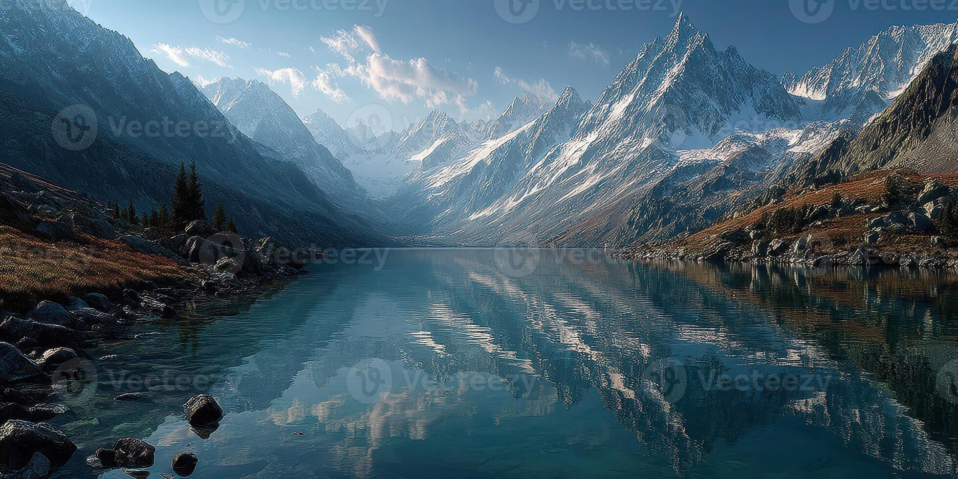 Majestic mountain landscape reflecting in tranquil lake during daytime in a remote valley photo