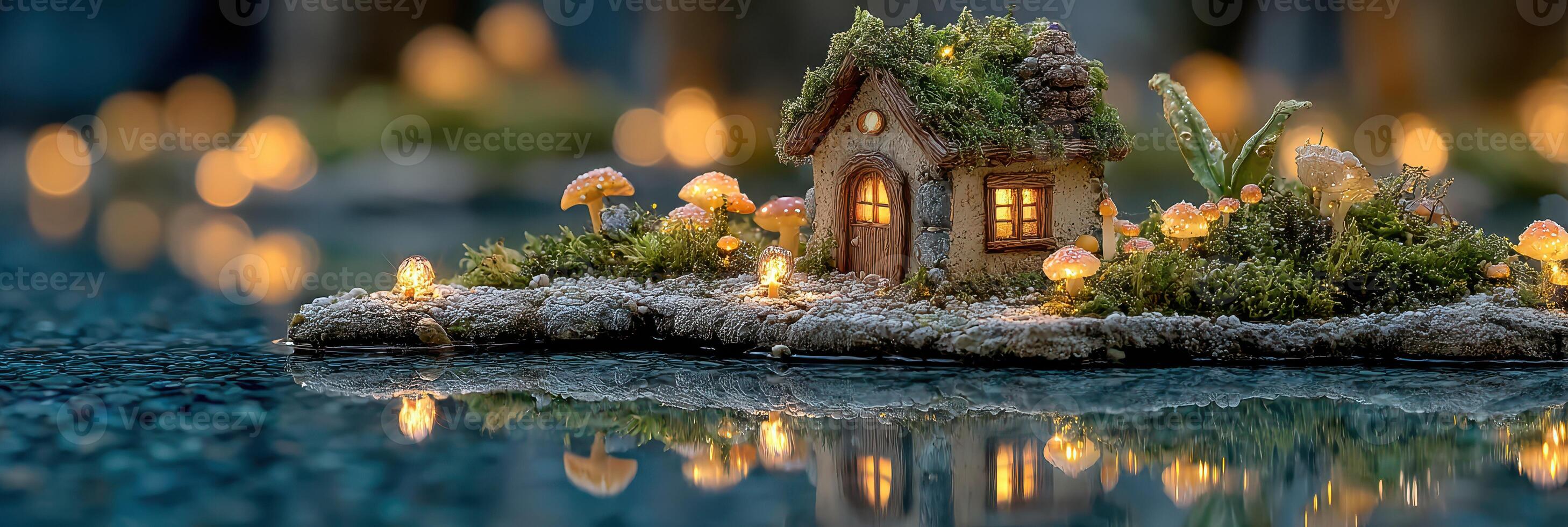 Charming miniature house surrounded by glowing mushrooms and greenery near still water at twilight photo