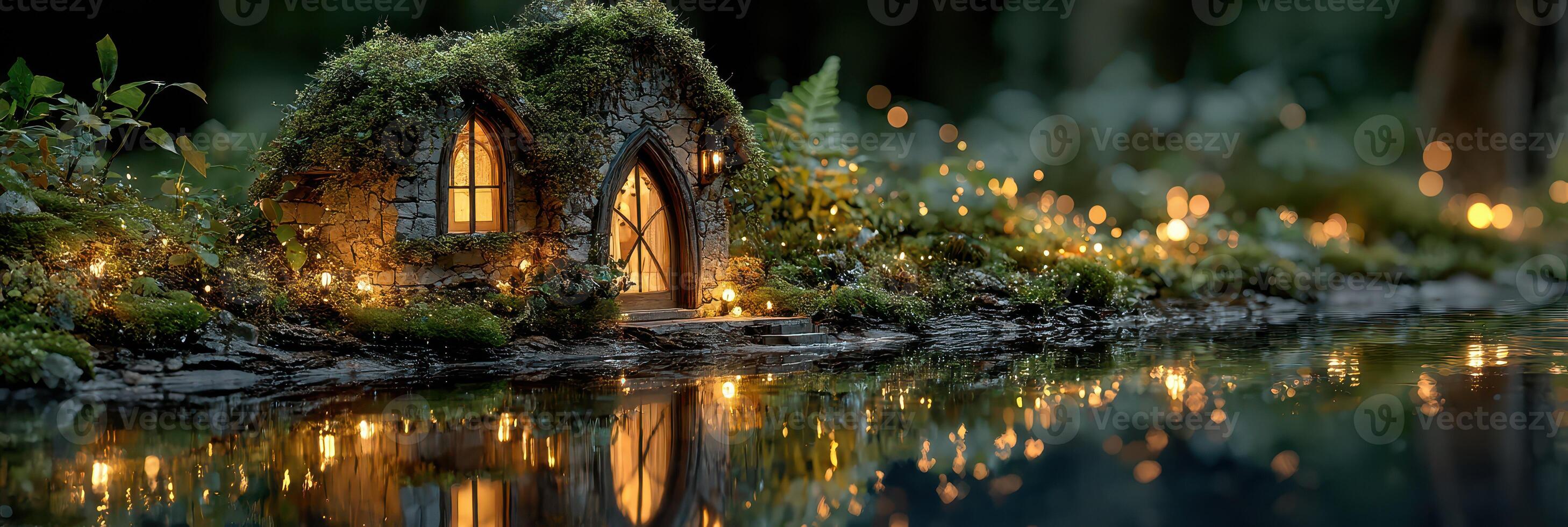 Enchanting miniature house by the water reflecting lights in a serene forest setting during dusk photo