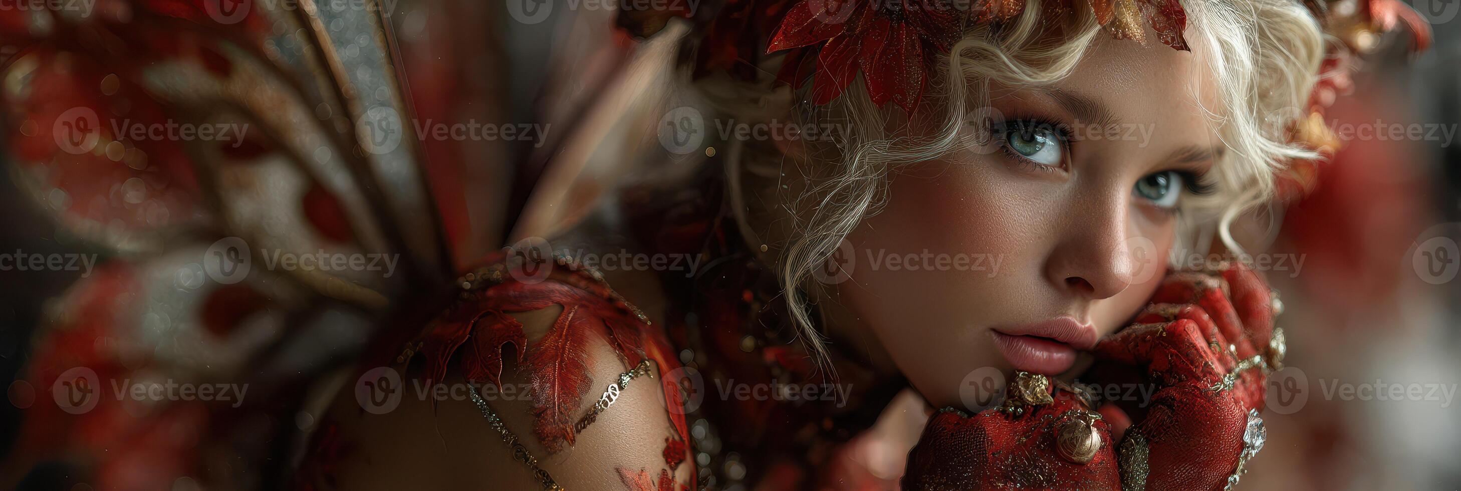 Beautiful fairy with red leaf-themed costume poses gracefully in an artistic setting during a creative photoshoot photo