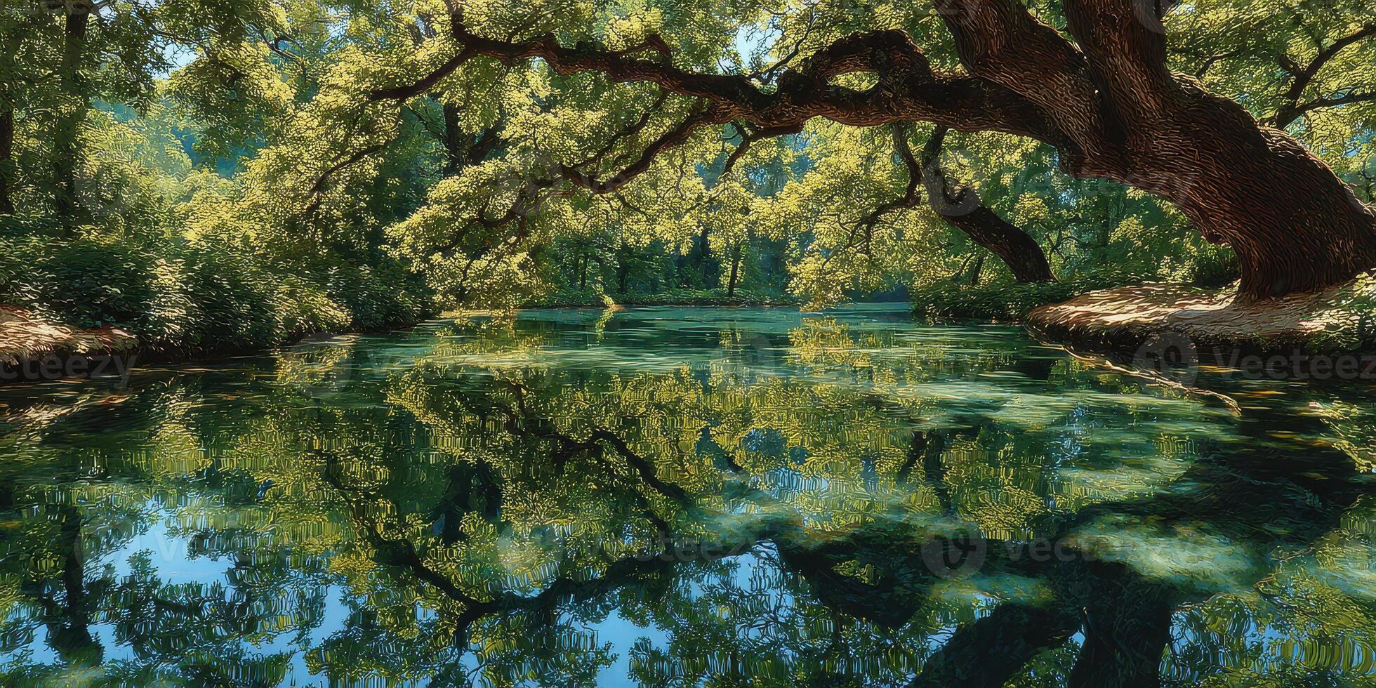 Tranquil waters mirror lush tree canopies in a serene forest location during a sunny day photo