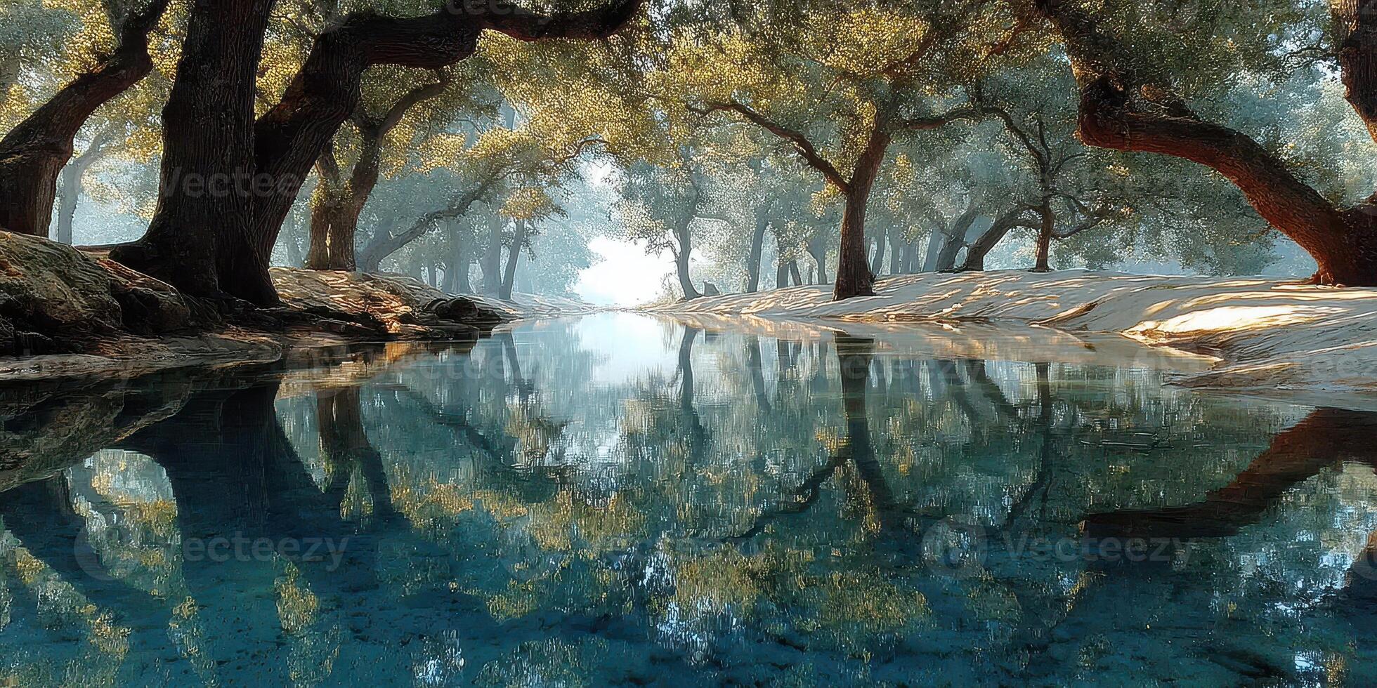 Serene water reflecting ancient trees in a tranquil forest setting during the early morning light photo
