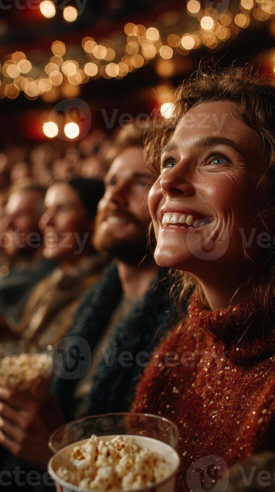 Audience enjoys a film screening while holding popcorn and smiling at an evening event in a cozy theater atmosphere photo