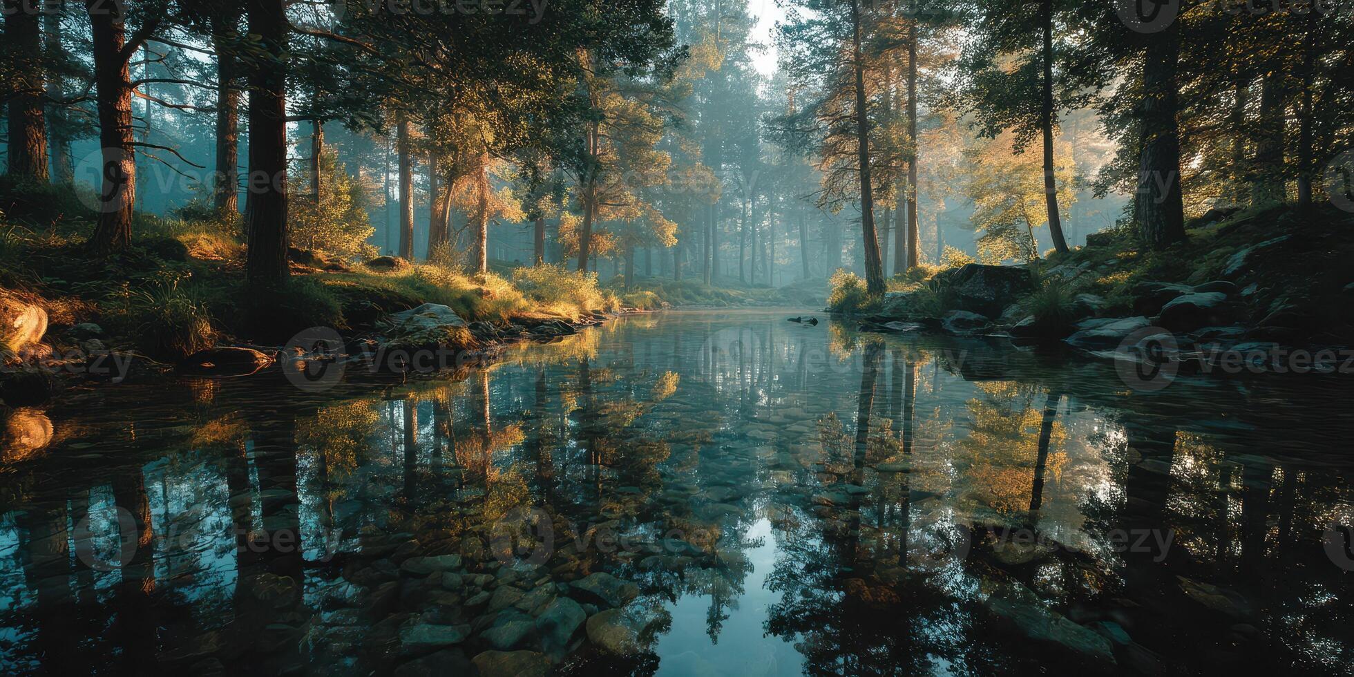 Calm waters reflect trees in a tranquil forest during early morning fog in a serene natural setting photo