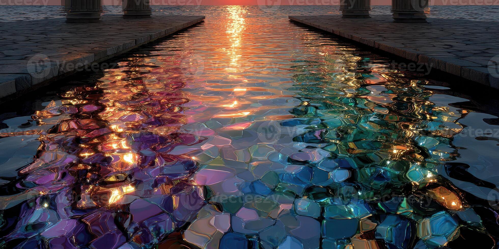 Sunset reflections on colorful water beneath ancient columns by the seashore photo