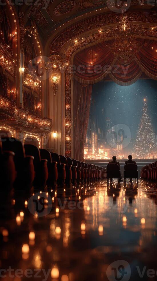 Couple enjoys a serene evening at the theater with soft lighting and a festive atmosphere photo