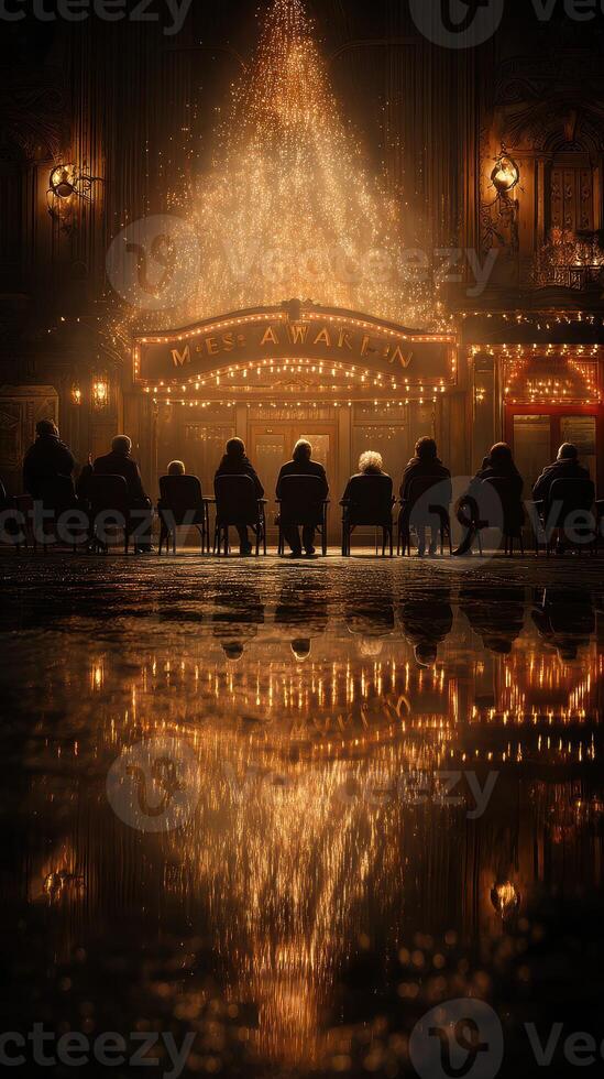 Evening gathering of spectators admiring the illuminated theater entrance during a performance night photo
