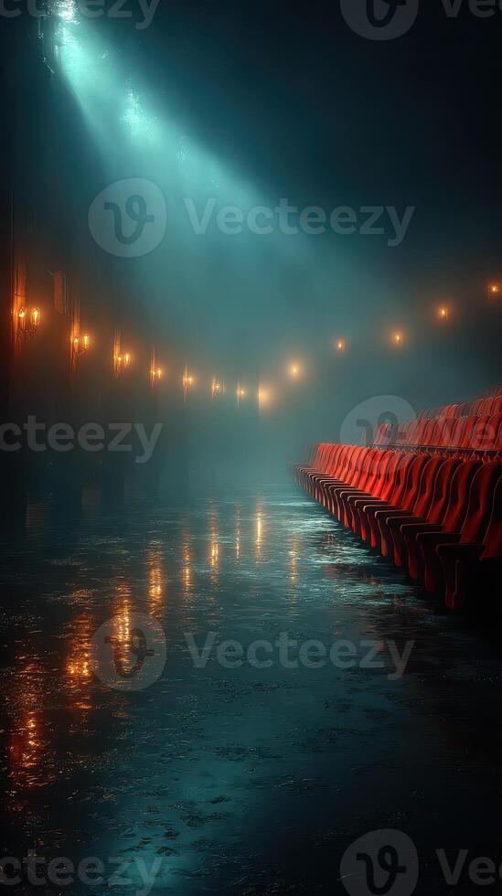 Mysterious atmospheric setting with red seats and soft glowing lights at a quiet venue photo