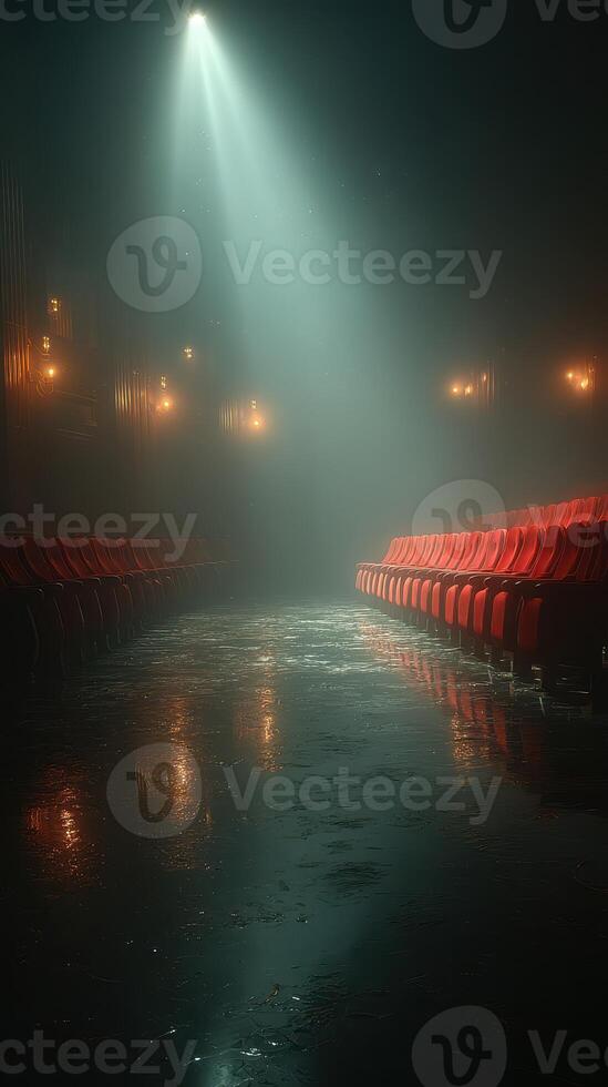 Mysterious atmosphere in an empty theater with red seats and light beams at night photo