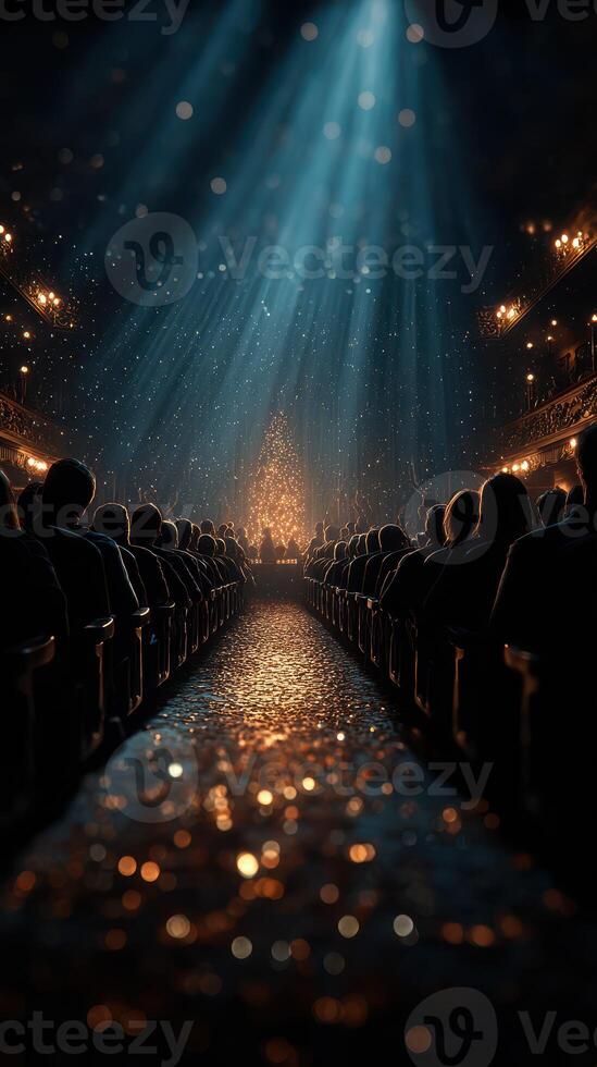 Audience captivated by a dazzling performance in an elegant theater illuminated by warm lights photo