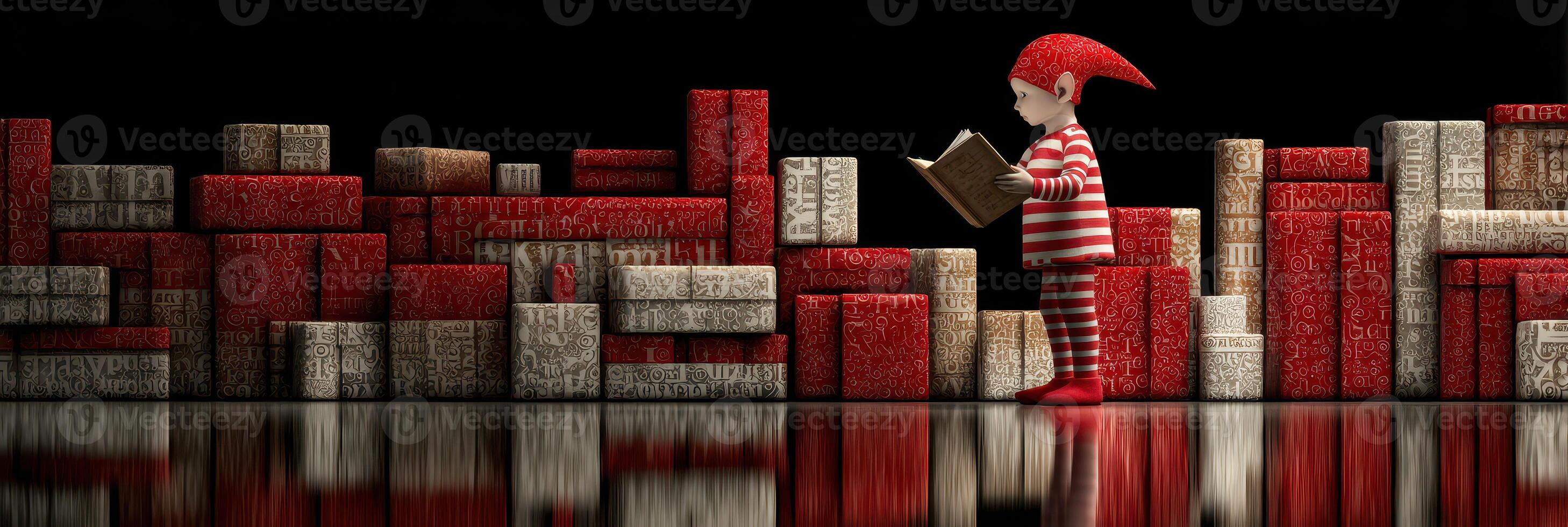 Child in striped outfit reads a book next to colorful stacked blocks in a dimly lit space photo